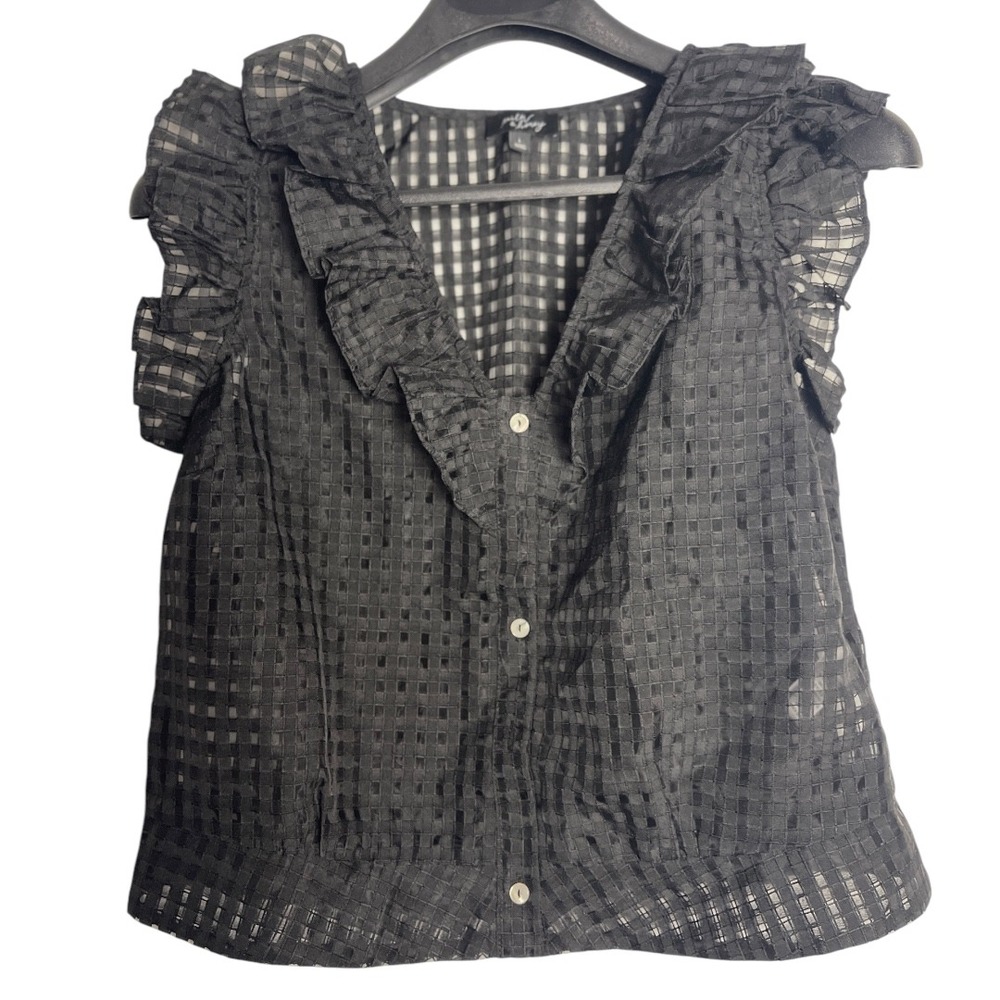 Milk + Honey‎ Black Semi Sheer Ruffle Trim Cap Sleeve Top L